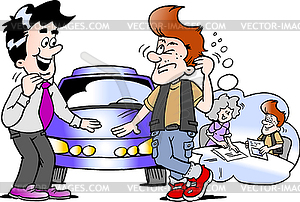 Cartoon young man think how to finance sports car - vector clip art