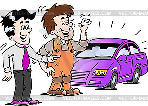 Cartoon young man there are happy for new auto car - vector image