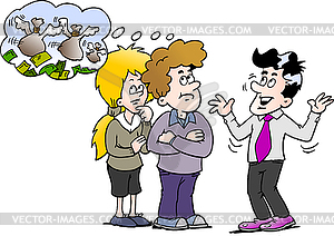 Cartoon family there think money is fly away - vector image