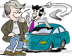 Cartoon car seller and customer looking at new - vector clip art