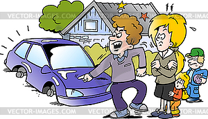 Cartoon angry family man pointing at his new auto - vector clipart / vector image