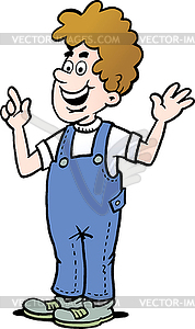 Cartoon man who is dressed in pair of blue overalls - royalty-free vector clipart