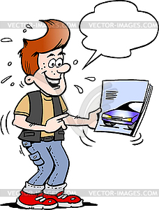 Cartoon young man there looking at new sports car - vector clipart