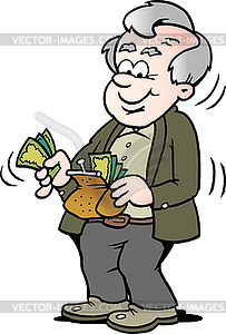 Мультяшный счастливый старик, берущий деньги из своего кошелька - графика в векторном формате