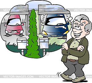 Cartoon happy old man compares car with neighbor - vector clipart