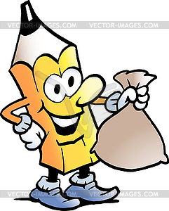 Cartoon Pencil standing and holding Money Bag - stock vector clipart