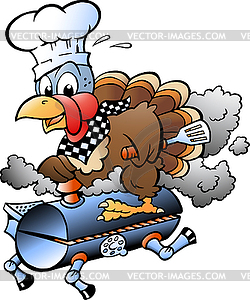 Cartoon an Thanksgiving Turkey Chef riding BBQ gril - vector image