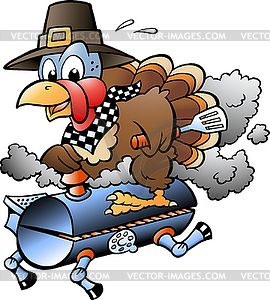 Cartoon an Thanksgiving Turkey riding BBQ grill - vector EPS clipart