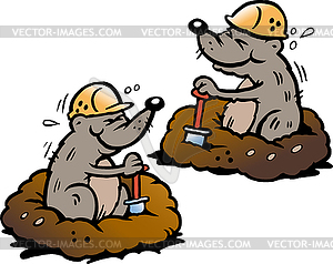 Cartoon two Mole digging Holes in Ground - vector clipart