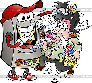 Cartoon Vending Machine feeding Customer - vector EPS clipart