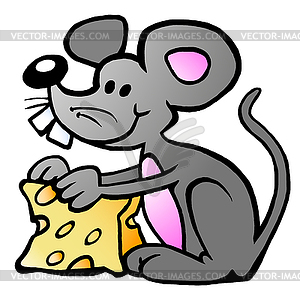 Мультяшный счастливый мышь ест сыр - векторное графическое изображение