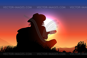 Cowboy song at sunset - vector clip art