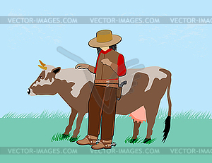 Cowboy with cow - vector clip art