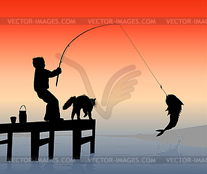 Мальчик-рыбак с кошкой - векторный клипарт EPS