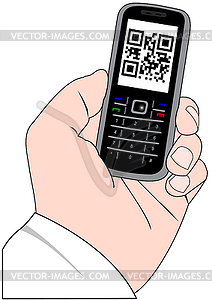 Hand with mobile phone with QR code - vector clipart