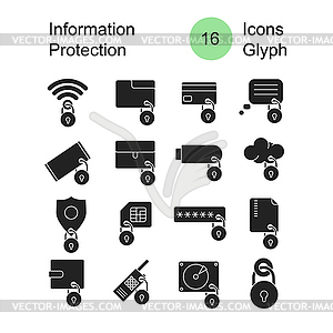 Набор иконок защиты информации глифов - изображение в векторе / векторный клипарт