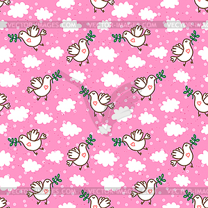 Birds with olive branch seamless pattern - color vector clipart