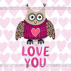 Valentine s day greeting card with owl - vector image