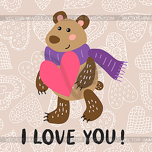 Valentine`s day greeting card with bear - vector clipart