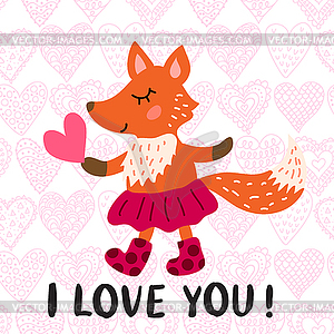 Valentine`s day greeting card with fox - vector clipart