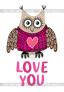 Valentine`s day greeting card with owl - vector image