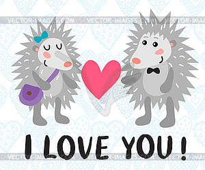 Valentine`s day greeting card with hedgehogs - vector clipart