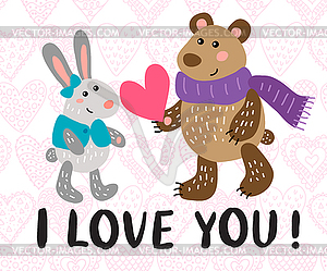 Valentine`s day greeting card with rabbit and bear - vector clip art