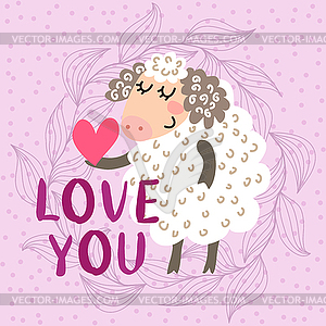 Valentine`s day greeting card with sheep - color vector clipart