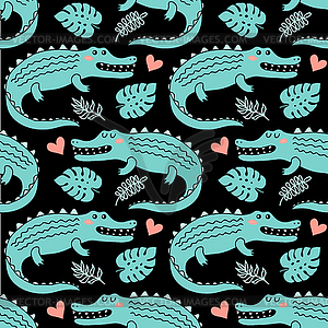 Seamless pattern with cute crocodiles - vector clip art