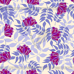 Blue pattern with forest leaves and purple flowers - vector clipart