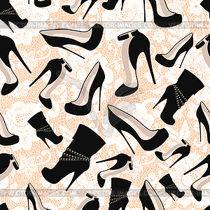 Seamless pattern of black shoes against white lace - vector clip art