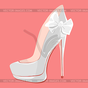 Белые свадебные туфли на высоком каблуке с бантом на розовый - клипарт в векторном формате