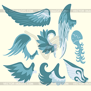 Set Of Beautiful Cute Cartoon Blue And White Wings - vector clipart / vector image