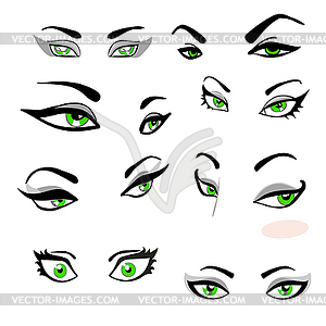 Набор зеленых глаз с бровями с выражением - изображение в формате EPS