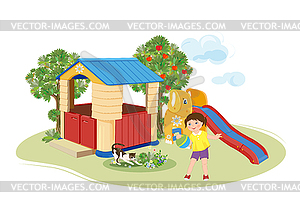 Girl playing with ball. Playground. Slider and toy - vector clipart