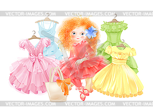 Glamour girl and set of festive dresses for summer - vector clip art