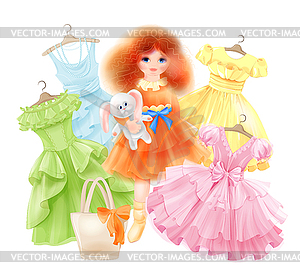 Glamour girl with bunny and set of festive dresses - vector image