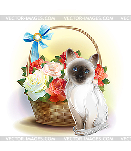 Happy birday card. Siamese kitten and basket with - vector clip art