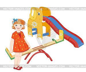 Имбирь девушка на детской площадке. Качели и слайдер - векторный рисунок