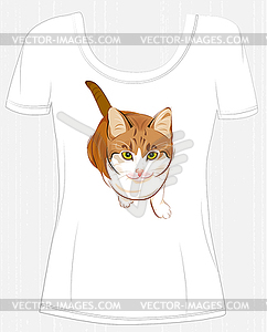 T-shirt design with ginger cat. Design for women`s - vector clipart