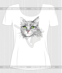 T-shirt design with green-eyed cat. Design for - vector clipart