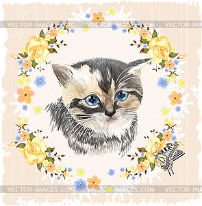 Portrait of three-colored kitten and Butterfly. - vector image