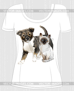 T-shirt design with thai kitten and puppy. Design - vector clipart