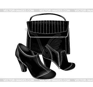 Black high-heeled ankle boots and bag. Fashion set - vector EPS clipart