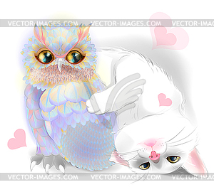 Happy Valentines Day card with cute Cat and owl. Ca - vector image