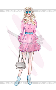 Beautiful young woman with handbag. Fashion woman. - vector image