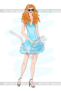 Beautiful young woman with curly red hair. Fashion - color vector clipart