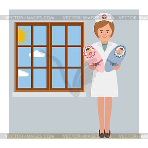 Nurse and twins - vector clipart