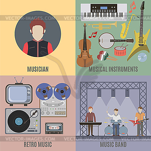 Music band and musical instruments - color vector clipart