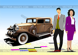 Old car with businessmen couple - vector clipart